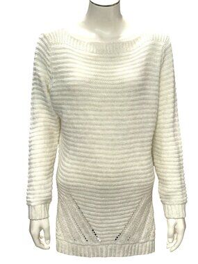 Striped Knit Sweater Medium White Casual Long Sleeve Lightweight Textured City